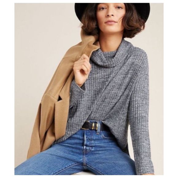 MAEVE Gray Cowl Neck Ribbed Lightweight Long Sleeve Pullover